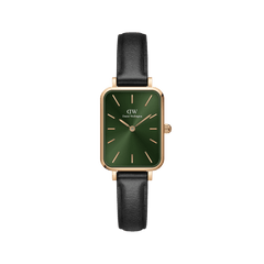 Quadro Pressed Sheffield Emerald Rose Gold watch with a rectangular rose gold case, emerald green dial, and black leather strap, showcasing a minimalist and elegant design suitable for everyday wear.