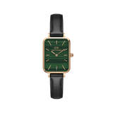 Quadro Pressed Sheffield Green Rose Gold features a rectangular rose gold case, a minimalist green dial, and a black leather strap, offering a refined and versatile look suitable for everyday wear.