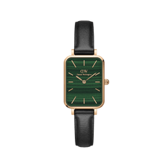 Quadro Pressed Sheffield Green Rose Gold features a rectangular rose gold case, a minimalist green dial, and a black leather strap, offering a refined and versatile look suitable for everyday wear.