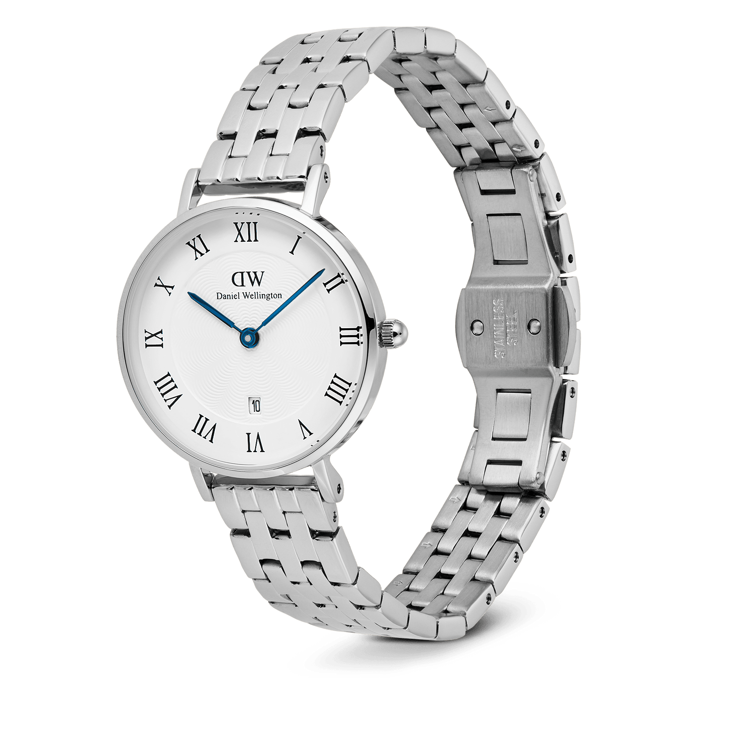 Petite Roman Numerals Date 5-link Silver watch featuring a polished stainless steel bracelet, white guilloché dial with Roman numerals, blue hands, and a date window at 6 o’clock, shown with an open butterfly clasp.