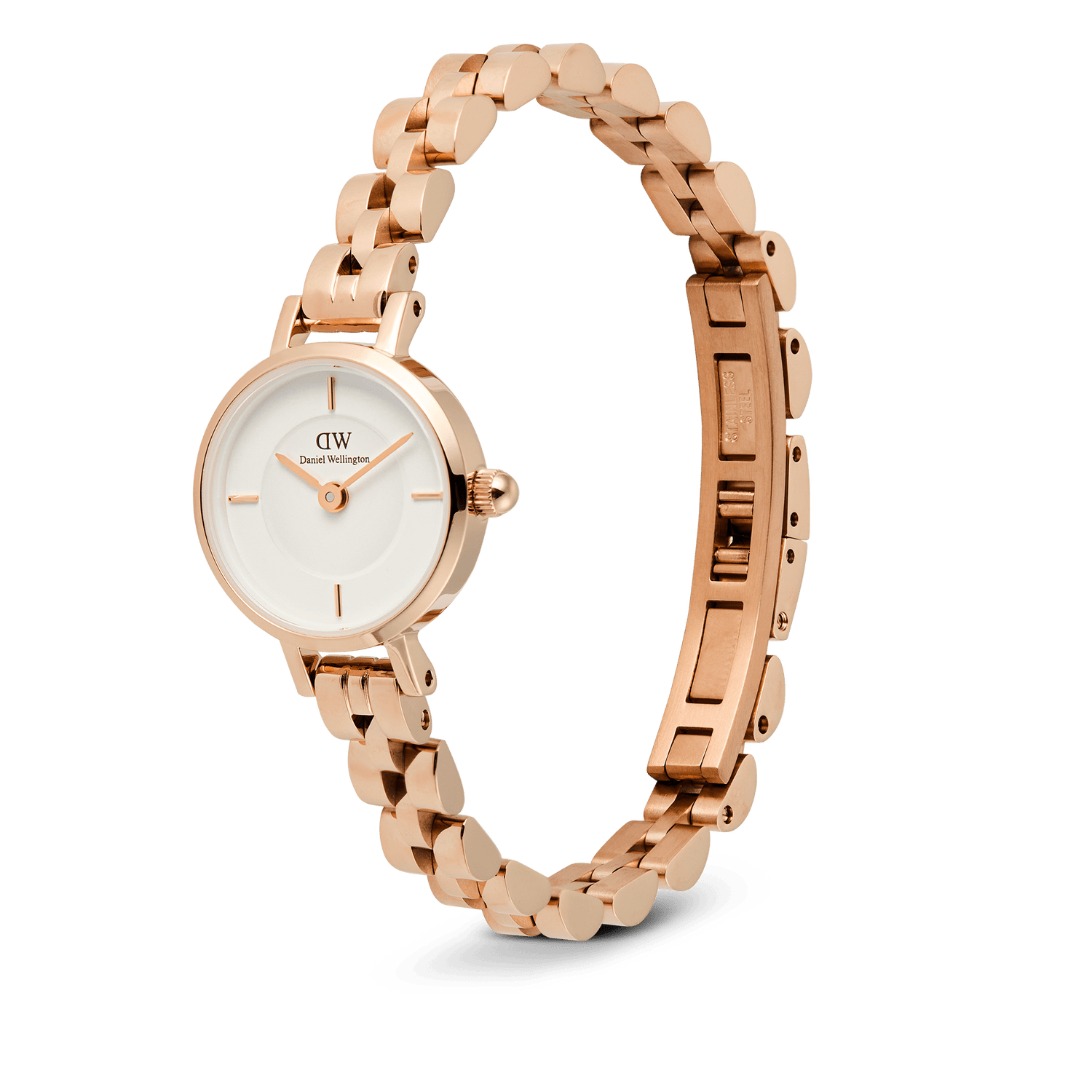 Petite Mini Arch 3-link White Rose Gold watch with a slim rose gold three-link bracelet, crisp white dial, and polished rose gold indices, shown with its adjustable butterfly clasp open for a clear view of its elegant design.
