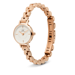 Petite Mini Arch 3-link White Rose Gold watch with a slim rose gold three-link bracelet, crisp white dial, and polished rose gold indices, shown with its adjustable butterfly clasp open for a clear view of its elegant design.