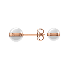 Aspiration Earrings Rose Gold Satin White shown with one earring displaying the secure rose gold stud fastening and both featuring smooth satin white ceramic spheres with a rose gold plated band engraved with branding.