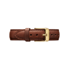 Brown genuine leather watch strap with gold-tone buckle, designed for the Petite St Mawes Black Gold, offering adjustable comfort and a classic finish.