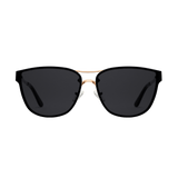 Ambler Steel Rose Gold sunglasses featuring a lightweight rose gold plated stainless steel frame, softly rounded silhouette, and dark impact-resistant nylon lenses with adjustable silicone nose pads and black temple tips.