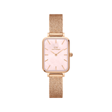 Quadro Pressed Melrose Pink MoP Rose Gold ladies watch featuring a slim rectangular rose gold case, pink mother of pearl dial, and an elegant rose gold mesh bracelet.