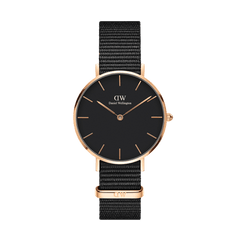 Petite Cornwall Black Rose Gold women’s watch with a slim black dial, rose gold stainless steel case, and an adjustable black NATO fabric strap, showcasing a minimalist and elegant design.