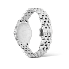 Rear view of the Ophelia Mini Ice Blue Silver watch, highlighting the polished stainless steel bracelet, butterfly clasp, and engraved case back for a refined, durable finish.