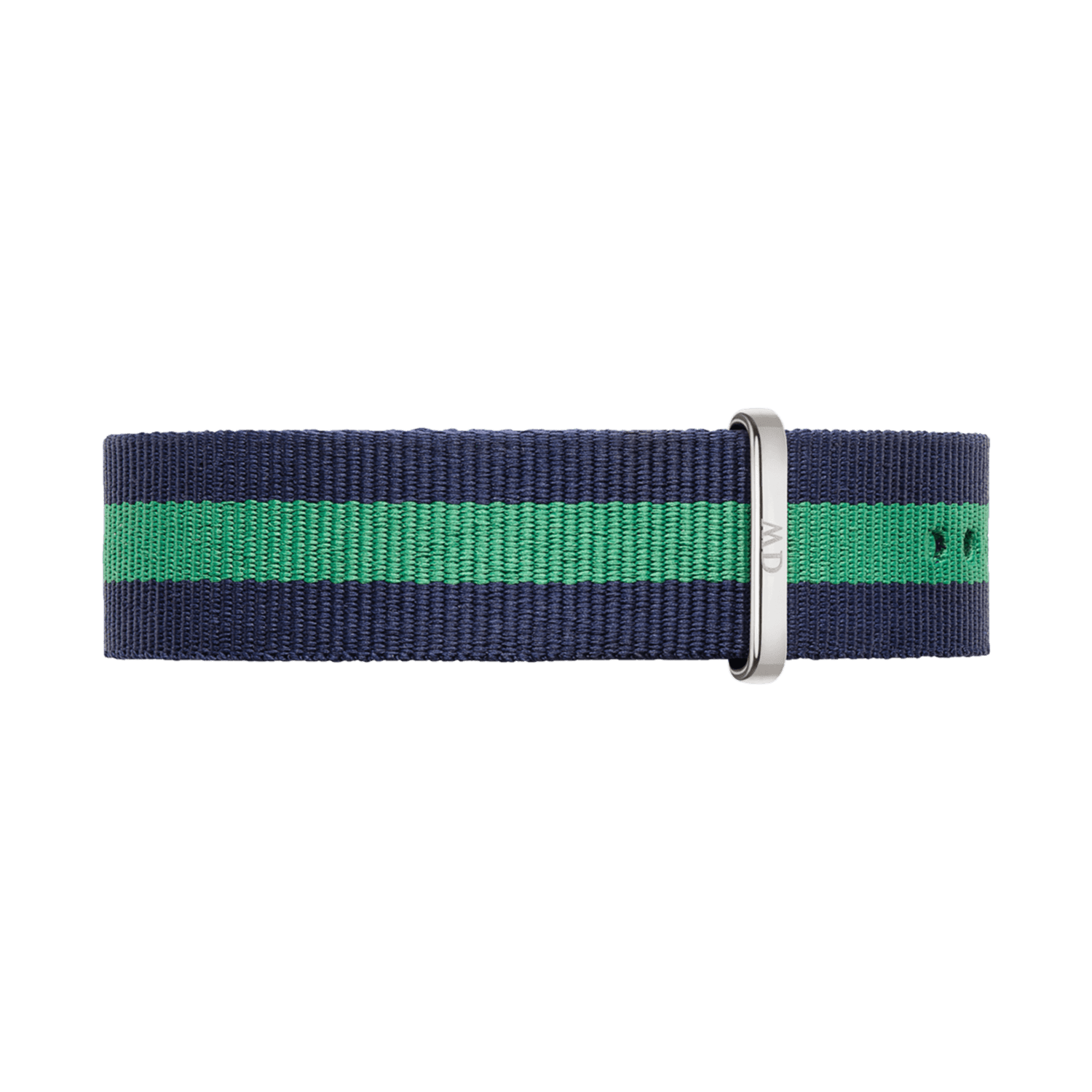 Navy and green striped Warwick Strap Silver NATO watch strap with a polished silver buckle, made from durable polyester and featuring a 20mm width for versatile compatibility.