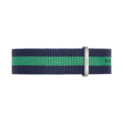 Navy and green striped Warwick Strap Silver NATO watch strap with a polished silver buckle, made from durable polyester and featuring a 20mm width for versatile compatibility.