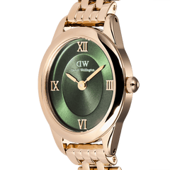 Close-up of the Ophelia Mini Emerald Rose Gold watch highlighting the oval rose gold case, emerald green sunray dial with Roman numerals, and polished beans link bracelet.