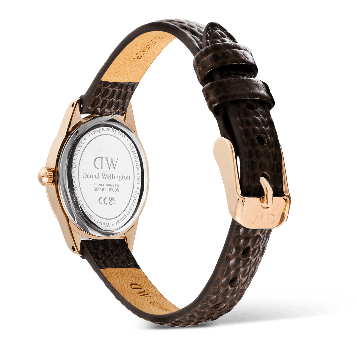 Rear view of the Ophelia Mini Dark Brown Lizard White Guilloché Rose Gold watch, showing the engraved stainless steel case back, rose gold pin buckle, and textured dark brown lizard-embossed leather strap.
