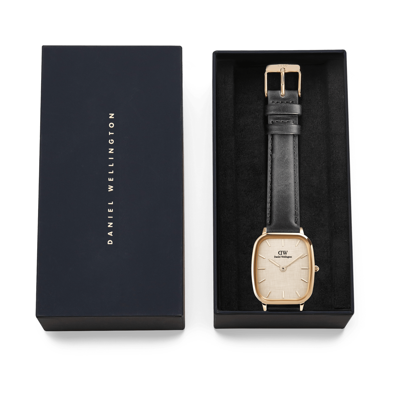 Marlon Sheffield Linen Gold men's watch presented in a Daniel Wellington gift box, featuring a cushion-shaped gold case, linen-textured dial, and classic black leather strap, ideal for gifting or adding to a collection.