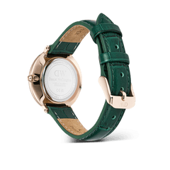 Rear view of the Crystalline Bezel Green Croc Rose Gold ladies watch, showing the rose gold-plated case, engraved back, and adjustable emerald green crocodile-embossed leather strap with a rose gold buckle.