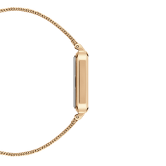 Side profile of the Quadro Pressed Evergold Gold watch, showing its slim rectangular gold case and lightweight gold mesh bracelet, ideal for a comfortable fit on small wrists.