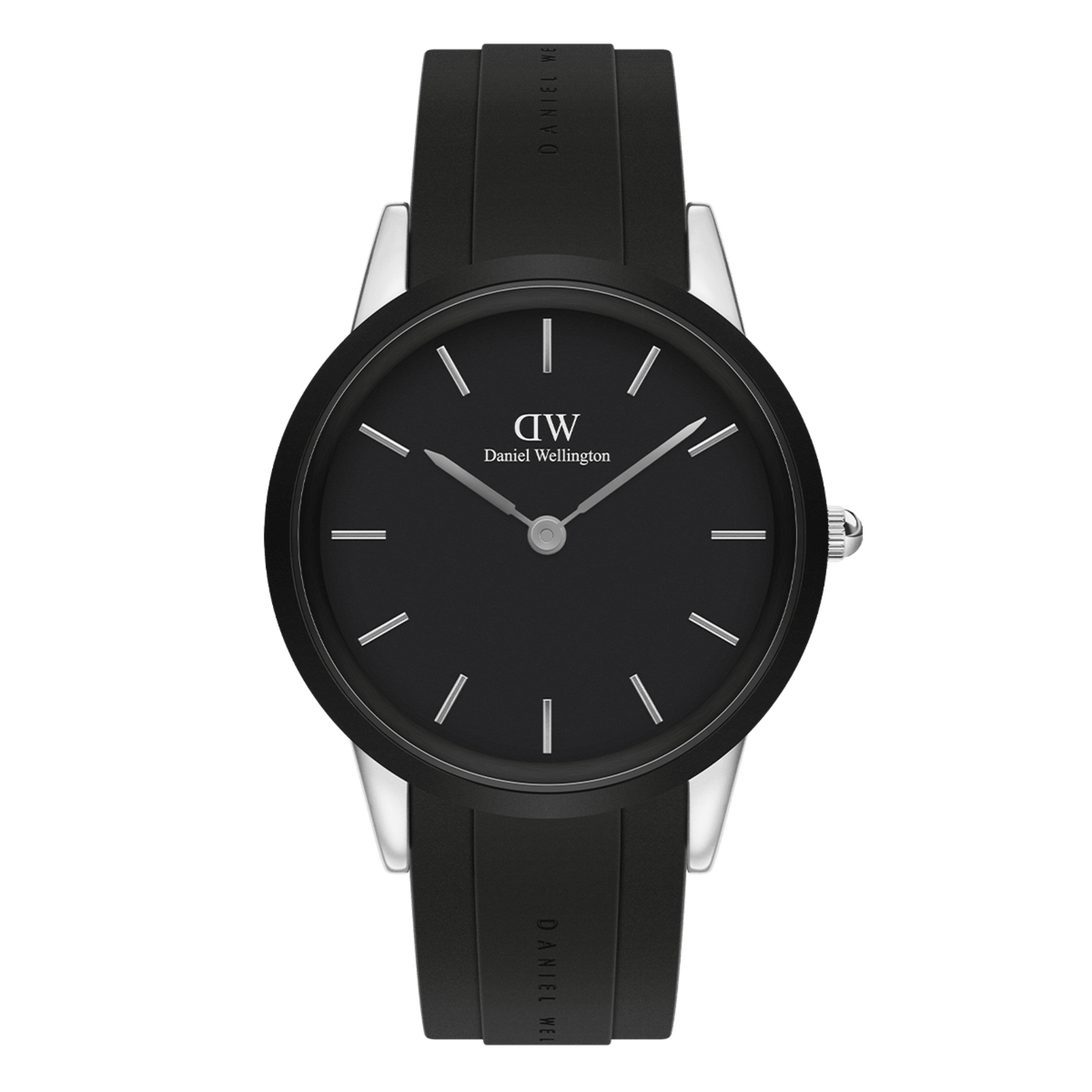 Iconic Motion Silver sports watch by Daniel Wellington featuring a bold black dial, silver stainless steel case, and an adjustable black FKM rubber strap, designed for versatile everyday wear and water resistance.