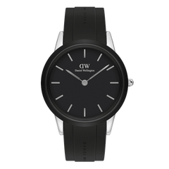 Iconic Motion Silver sports watch by Daniel Wellington featuring a bold black dial, silver stainless steel case, and an adjustable black FKM rubber strap, designed for versatile everyday wear and water resistance.