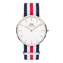 Classic Canterbury Silver features a polished silver case, minimalist eggshell white dial, and a blue, red, and white striped NATO strap, offering a versatile and stylish option for both men and women.