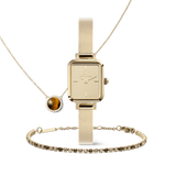 Honey Gold Set featuring a square gold watch with a mesh strap, a tennis bracelet with sparkling stones, and a pendant necklace with a tiger eye gemstone framed by crystals, all presented in a coordinated gold jewellery trio.