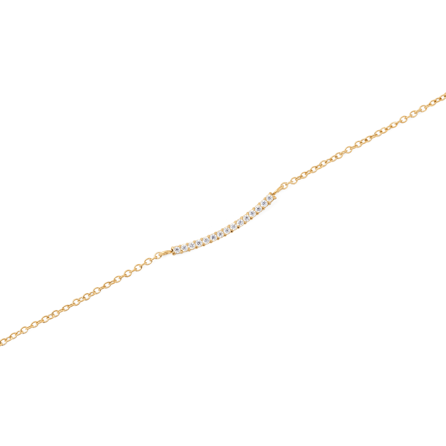 Close-up of the Mirelle Eternity Necklace Gold showing its slim gold chain and a curved bar pendant set with a row of white cubic zirconia stones for a refined, sparkling finish.