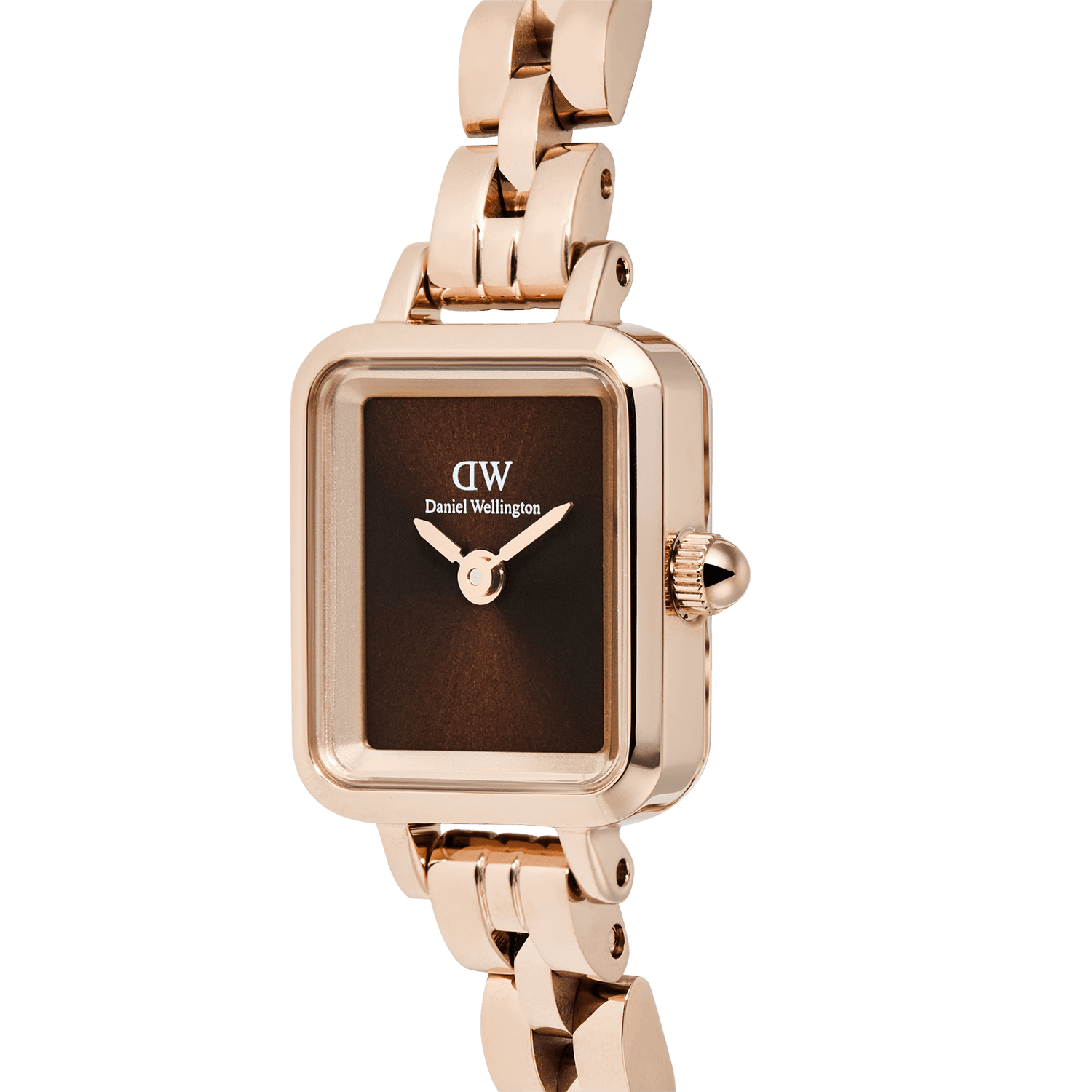 Quadro Mini Arch 3-link Amber Sunray Rose Gold watch with a close-up view of its rectangular brown sunray dial, polished rose gold case, and smooth 3-link bracelet, showcasing its minimalist design and premium finish.