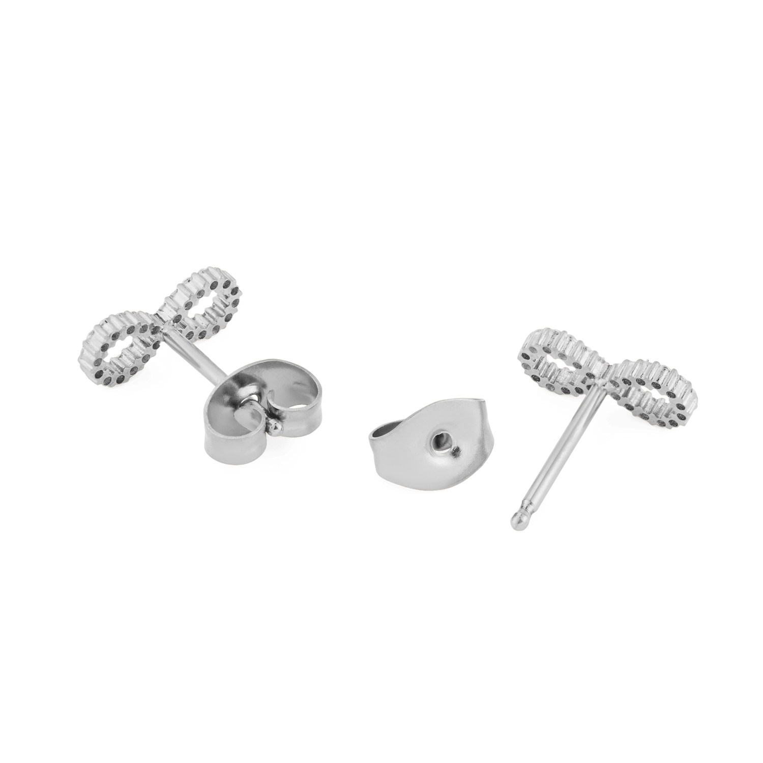 Back view of Mirelle Infinity Earring Silver stud earrings, showing the polished stainless steel posts, butterfly backs, and the textured infinity symbol design.
