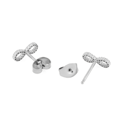 Back view of Mirelle Infinity Earring Silver stud earrings, showing the polished stainless steel posts, butterfly backs, and the textured infinity symbol design.