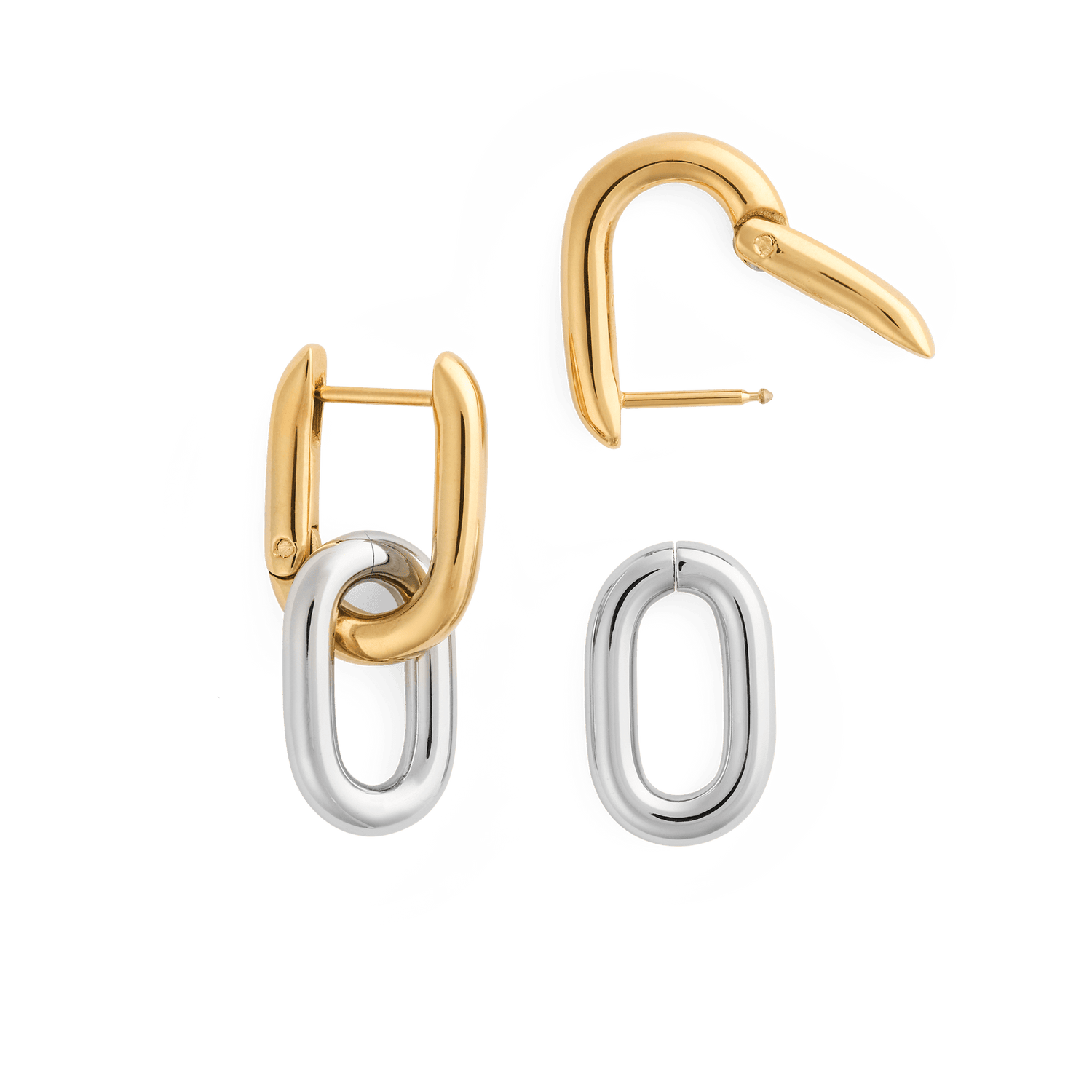 Contrast Link Earrings Two Tone Gold featuring polished gold hoops with removable silver links, shown with one earring separated to highlight the convertible design and secure fastening.