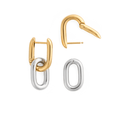 Contrast Link Earrings Two Tone Gold featuring polished gold hoops with removable silver links, shown with one earring separated to highlight the convertible design and secure fastening.