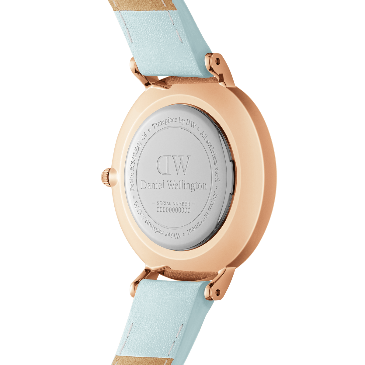 Back view of the Petite Bluebell ladies watch showing the rose gold case, engraved stainless steel back, and pastel blue genuine leather strap.