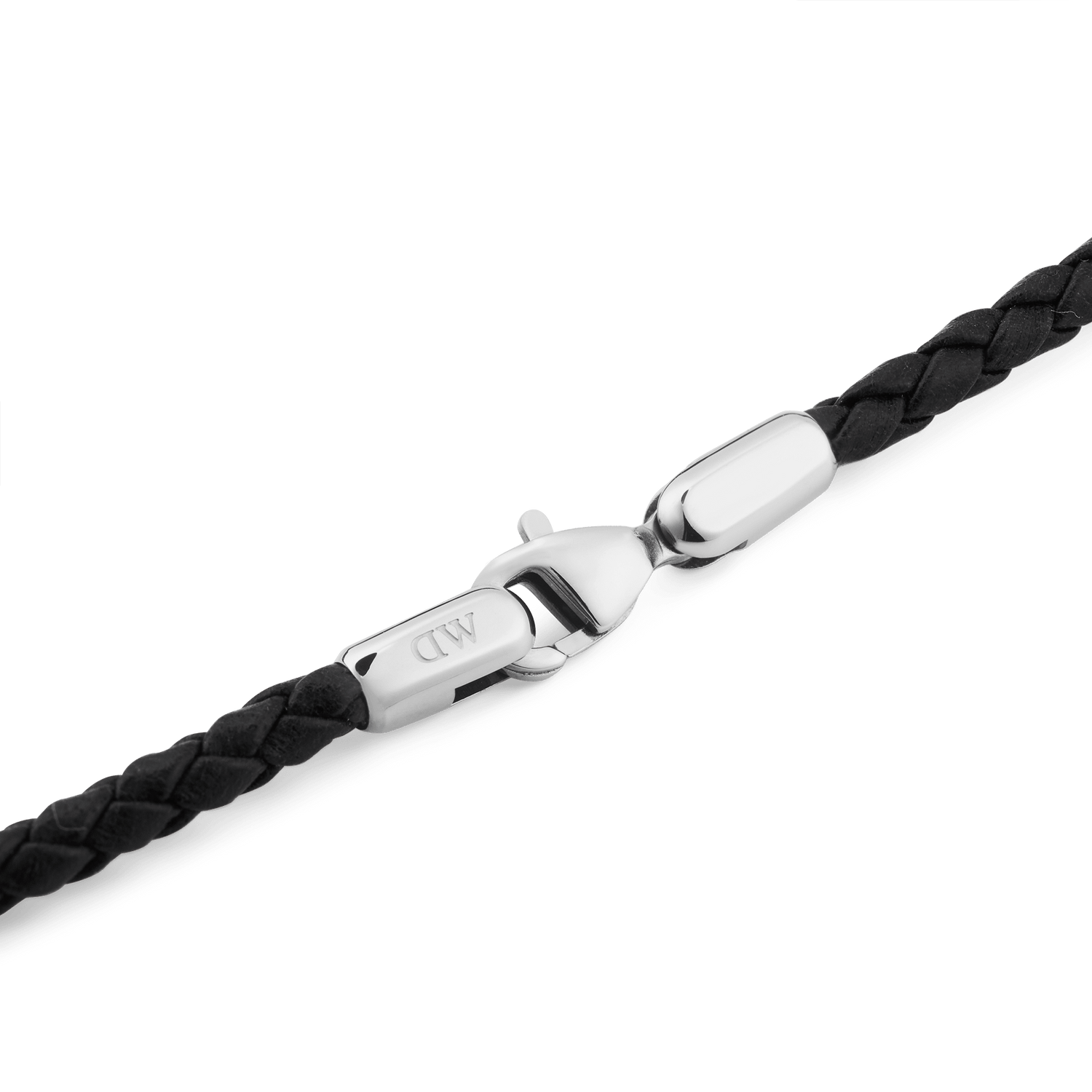 Detail of the Daniel Braided Leather Bracelet Sheffield 2.8 Silver, featuring a tightly woven black leather strap and a polished silver stainless steel lobster clasp.