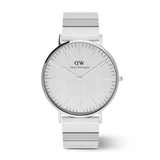 Classic Piano Link Silver Unitone men's watch featuring a brushed silver 40mm dial, minimalist hour markers, and a geometric stainless steel bracelet with a butterfly clasp.
