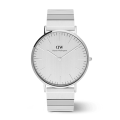 Classic Piano Link Silver Unitone men's watch featuring a brushed silver 40mm dial, minimalist hour markers, and a geometric stainless steel bracelet with a butterfly clasp.