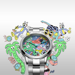 Daniel Wellington Iconic Link Multicolor Silver watch with a stainless steel bracelet, featuring Steven Harrington’s colourful illustrated dial and surrounded by playful cartoon artwork, highlighting its creative limited edition design.