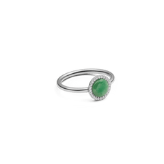 Audrey Ring Jade Silver features a polished silver band with a domed green jade centrepiece surrounded by a halo of white cubic zirconia, offering a refined and contemporary look.