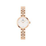 Elan Lumine Rose Gold ladies watch with a petite 22mm case, white minimalist dial, crystal markers, and a classic three-link rose gold bracelet.