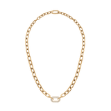 Chunky gold chain necklace with bold links and a crystal-embellished centre ring, featuring an adjustable length and a modern, versatile design suitable for women.