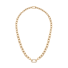 Chunky gold chain necklace with bold links and a crystal-embellished centre ring, featuring an adjustable length and a modern, versatile design suitable for women.