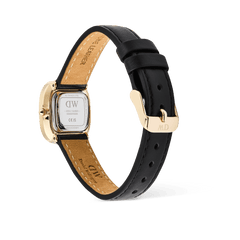 Rear view of the Margot Sheffield Unitone Sunray Gold ladies watch, showing the gold case back, genuine leather strap with adjustable holes, and polished gold buckle.