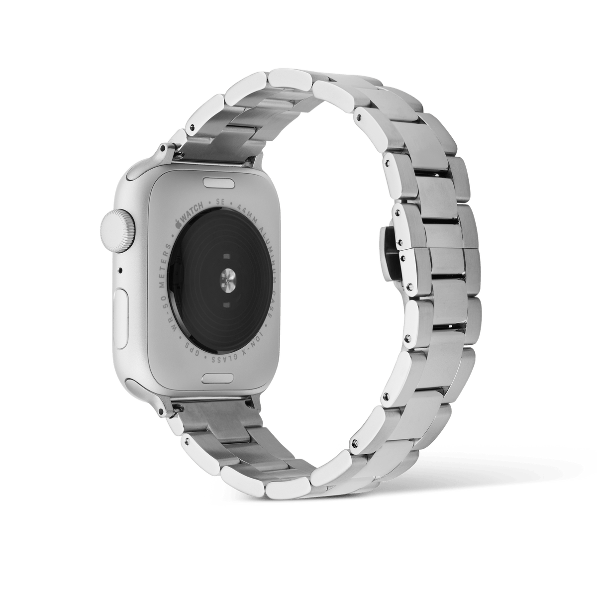 Smartwatch Iconic Link Silver strap attached to an Apple Watch, highlighting the brushed and polished stainless steel links and butterfly buckle from the back view.