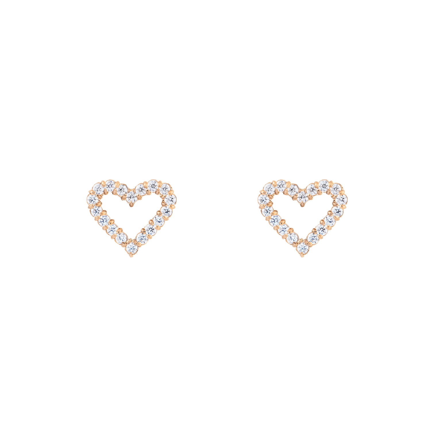 Pair of Mirelle Heart Earring Rose Gold studs featuring an open heart shape outlined with white cubic zirconia crystals, set in a rose gold finish.