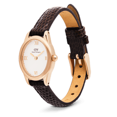 Ophelia Mini Dark Brown Lizard White Guilloché Rose Gold watch with an open rose gold pin buckle, showcasing the textured dark brown lizard-embossed leather strap, white guilloché dial, and elegant Roman numeral markers.