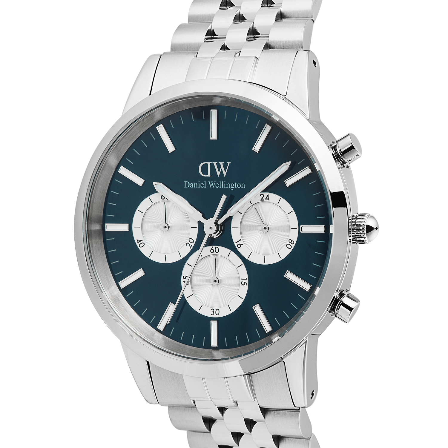 Iconic Chronograph Arch 5-Link Arctic Panda Silver men's watch with a blue face, silver sub-dials, and a polished stainless steel bracelet, highlighting the chronograph details and classic round case.