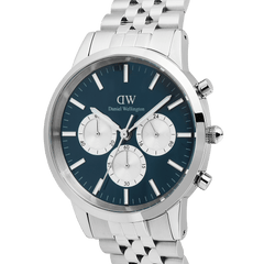 Iconic Chronograph Arch 5-Link Arctic Panda Silver men's watch with a blue face, silver sub-dials, and a polished stainless steel bracelet, highlighting the chronograph details and classic round case.