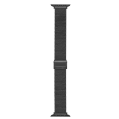 Smartwatch Strap Sandblasted Mesh Black displayed flat, showing the full length of the sandblasted black stainless steel mesh band and adjustable clasp, designed for Apple Watch compatibility and all-day comfort.