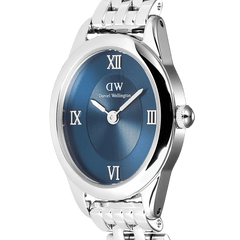 Close-up of the Ophelia Mini Arctic Silver watch showing its oval polished stainless steel case, striking blue sunray dial, Roman numeral markers, and slim silver bracelet.