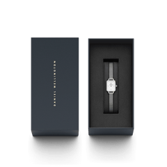 Quadro Mini Sterling silver ladies watch presented in a sleek black Daniel Wellington gift box, featuring a petite rectangular case and polished mesh strap.