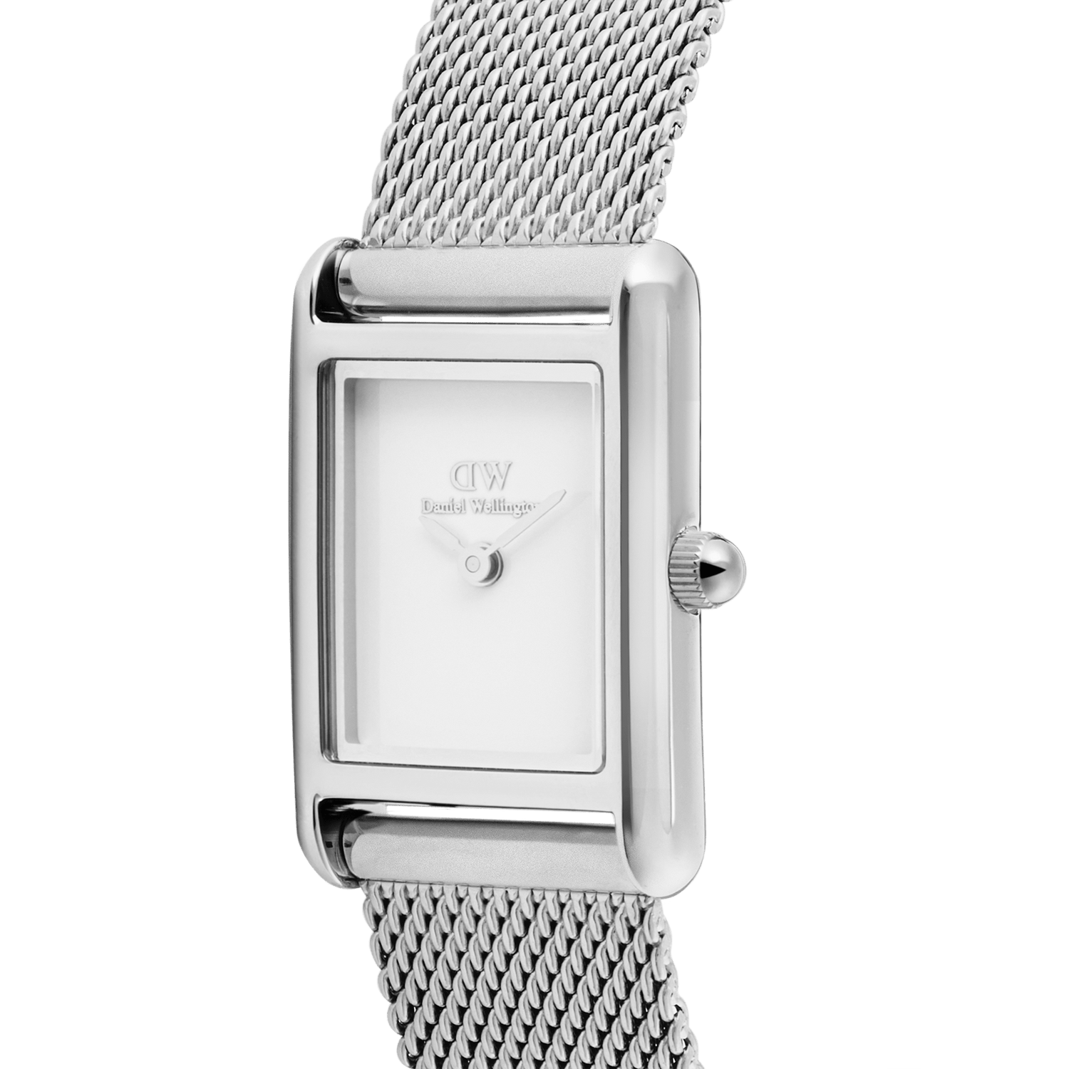 Close-up of the Bound Mini Sterling ladies watch showing its polished rectangular silver-tone case, minimalist white dial, and finely woven stainless steel mesh strap.