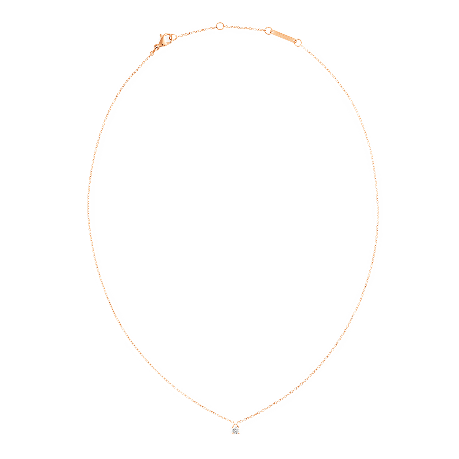 Mirelle Solitaire Necklace Rose Gold shown laid flat, featuring a slim adjustable rose gold chain with a single white cubic zirconia pendant at the centre.