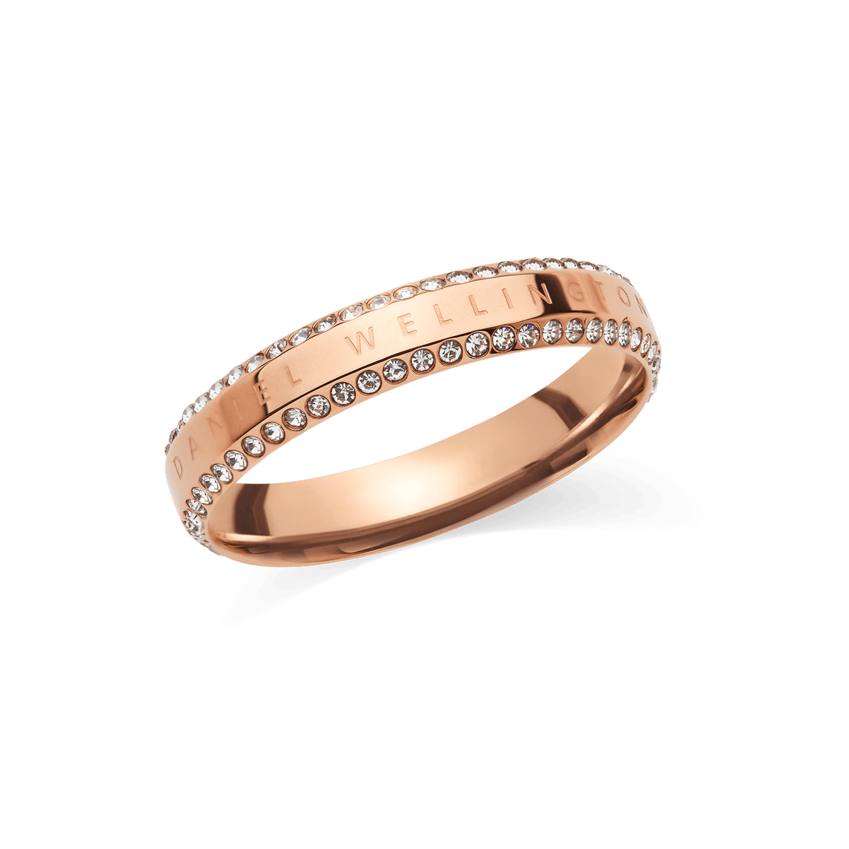 Classic Aura Duo Ring Rose Gold features a slim rose gold band with two rows of sparkling white crystals and engraved branding, offering a modern and elegant look suitable for everyday wear.